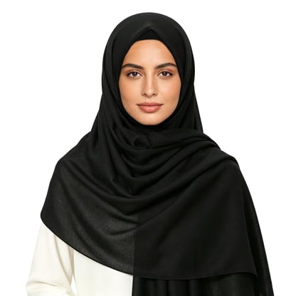Black Muslim Hijab for Women, 70% Polyester 30% Linen Headscarf, 72.83" x 31.5" Breathable Modest Shawl Wrap for Daily Ramadan