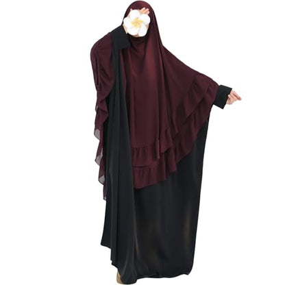 khalat Women's Hijab Chiffon Hijab for Women Muslim 2 Layers Ruffle Lightweight Large Hijab - color: Wine Red