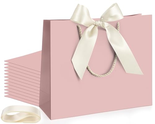Silkfly 12 Pcs Paper Gift Bags with Handles & Bow Ribbon, Dusty Pink - color: Dusty Pink
