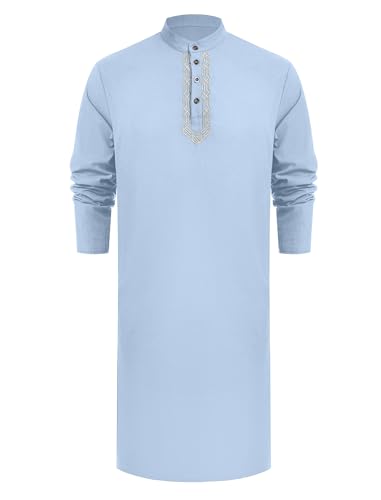 Odizli Muslim Clothes For Men Long Sleeve Stand Collar Thobe Saudi Jubba Dishdasha Kurta Diwali Outfits Indian Clothes - color: Light Blue, size: Small