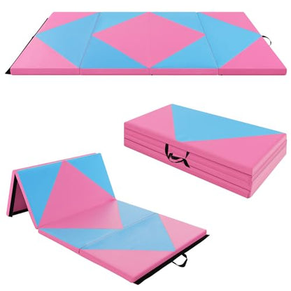 Goplus Gymnastics Mat, Folding Tumbling Mat with Carry Handles, Hook & Loop Fasteners, 4 Panels for Fitness Exercise Yoga Stretching Aerobics Workouts, Thick Gym Mats for Home - color: Blue&Pink