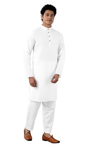 Chandrakala Men's Tunic Cotton Kurta Pajama Set Indian Casual Yoga Dress (MK101) - color: White-112, size: Medium