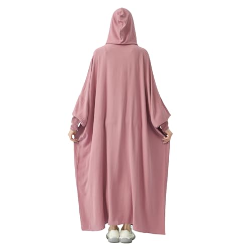 Abaya Muslim Dress Women Prayer Dress Long Sleeve Hooded Loose Maxi Dress Arabian Dubai Islamic Clothes - color: Pink