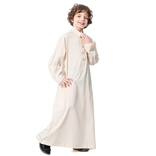 IDOPIP Muslim Thobe for Boys Kids Long Sleeve Islamic Arabic Kaftan Robe Middle East Dubai Prayer Dress Clothes with Pockets - color: Beige, size: 9-10 Years