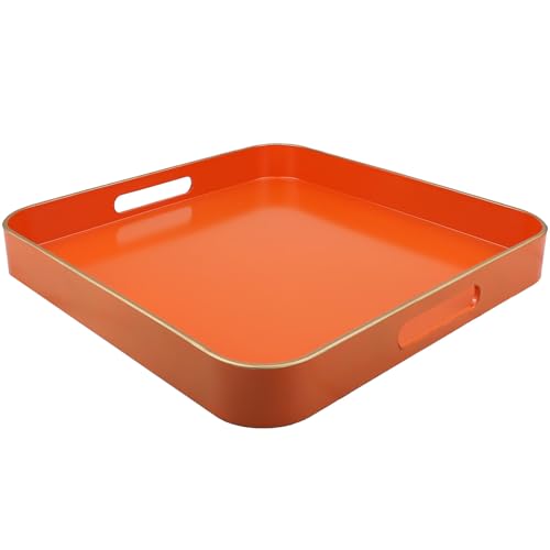 Orange Square Decorative Tray with Handles, 13"*13" Versatile Serving Tray for Coffee Table, Ottoman, Ideal for Serving, Displaying, Organizing - color: S Orange, size: 13" x 13" x 1.6"