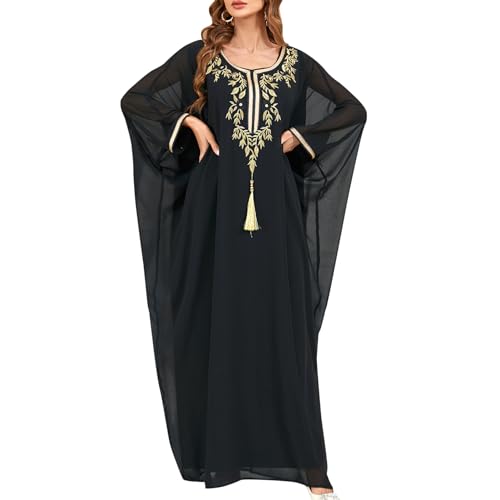 OBEEII Muslim Dress for Women Loose Batwing Sleeved Hooded Beaded Embroidery Long Abaya Dress Kaftan Abayas Islamic Robe - color: Black-floral Embroidery