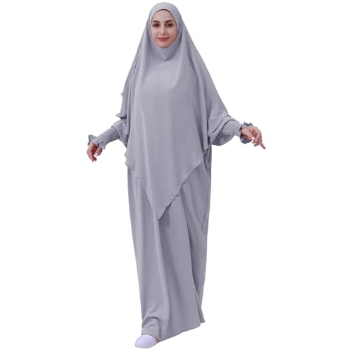 khalat Womens Muslim Prayer Dress Front Zipper Kaftan Islamic Robe Modest Solid Abayas for Women Muslim - color: Light Gray+hijab