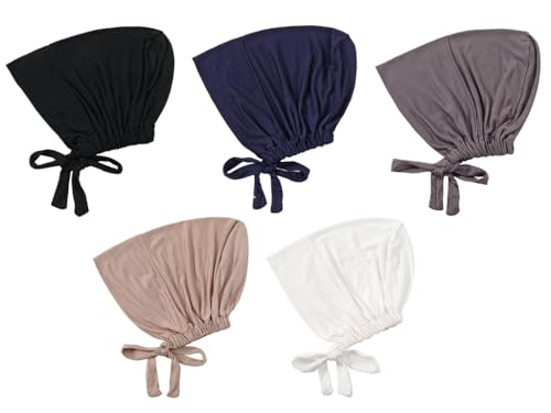 5PCS Women's Islamic Under Hijab Cap, Muslim Hijab Caps with Tie Back Closure, 5 Colours
