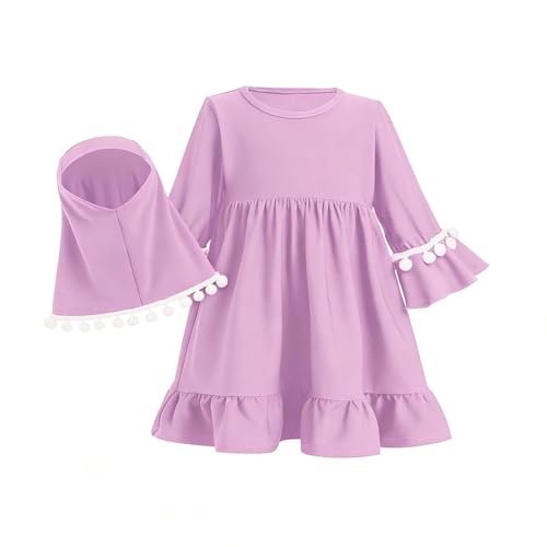 Muslim Prayer Dress 2 Piece Set Baby Toddler Long Sleeve Abaya with Hijab Islamic Scarf Kaftan Robe Ramadan Outfit - color: Purple, size: 0-6 Months