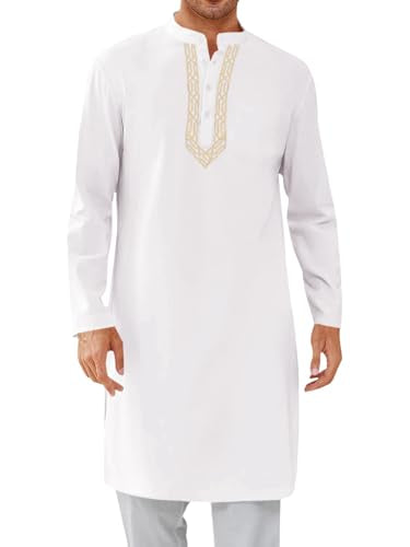 Runcati Mens Kaftan Thobe Button Down Casual Henley Shirts Long Sleeve Robe Cotton Linen Muslim Gown Shirt - color: White, size: Medium