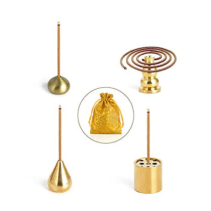 Sakura Flower Incense Holder, 5PCS Bronze Incense Burner Holder with Silk Pouch, Two Styles Drop-Shape, Cylinder Multihole and Gourd-Shape Ash Catcher Yoga Room Bedroom Home Fragrance - color: Gold and Bronze, 5 Pcs