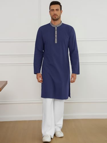 Runcati Mens Cotton Kaftan Robe Long Sleeve Button Down Henley Shirts Thobe Casual Side Split Gown Shirt - color: Navy, size: Large