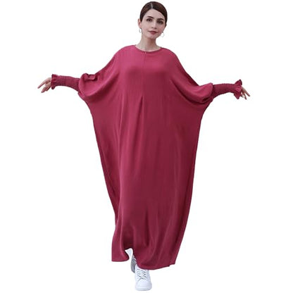 khalat Womens Muslim Prayer Dress Front Zipper Kaftan Islamic Robe Modest Solid Abayas for Women Muslim - color: Dark Red