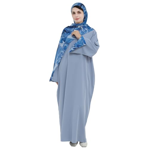 Printing Long Sleeve Abaya with Zipper for Women Dubai and Turkey Robe Spring and Summer Loose and Causual Dress - color: Blue+hijab, size: Medium