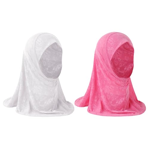 GREUS 2Pcs Kids Hijab for 2-6Y Girls Muslim Headscarf One Piece Hijabs Khimar Islam Arab Scarf Turban Bandana Hat Head Wrap - color: Set B (White + Pink)
