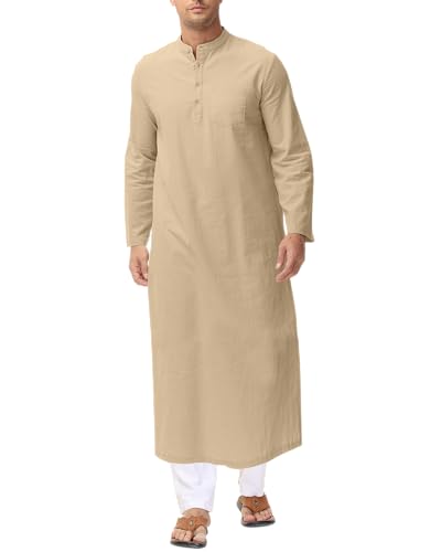 LVCBL Kaftan for Men Long Sleeve Caftan Thobe Side Split Muslim Robe Button Down Long Gown Tunic Shirts - color: Khaki, size: Medium