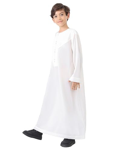 OBEEII Boy's Muslim Thobe Arab Long Sleeve Abaya Kaftan Robe Eid Ramadan Islamic Middle East Dubai Prayer Dress with Pockets - color: White, size: 5-6 Years