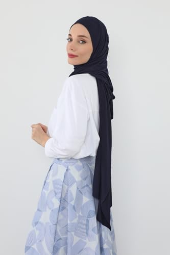 Aisha's Design Neck-Covering Practical Jersey Hijab with Built-In Ninja Bonnet - color: Navy Blue