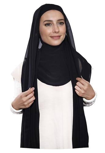 Lina & Lily Premium Chiffon Ninja Instant Hijab Scarf Stitched Jersey Cap Neck Cover Full Coverage - color: Black