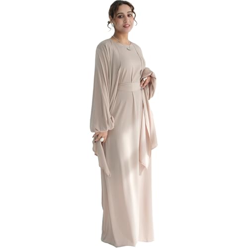 2PCS Muslim Abaya Dress for Women Smooth Satin Prayer Cardigan with Belt - color: Khaki, size: X-Small-Small