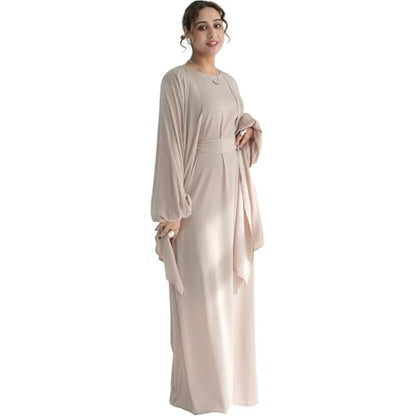 2PCS Muslim Abaya Dress for Women Smooth Satin Prayer Cardigan with Belt - color: Khaki, size: X-Small-Small