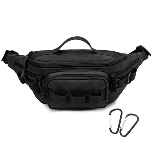 Tactical Fanny Pack,Small Fishing Tackle Bag Water-Resistant Military Waist Bags Portable Fishing Storage Waist Packs for Outdoor Fly Fishing Hiking Climbing with 2 PCS Mini Carabiners (Black) - color: Black