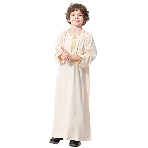 ODIZLI Arabic Thobe Muslim Thobe Long Sleeve Kaftan Crew Collar Robe with Zipper for Boy - color: Beige, size: 5-6 years