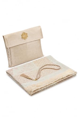 ihvan online Muslim Prayer Rug with 99 Beads Tasbih & Travel Bag, Soft Taffeta Sajadah, Lightweight & Foldable Janamaz, Portable Prayer Mat, Islamic Gift for Eid, Ramadan, Hajj & Umrah, Gold - color: Gold