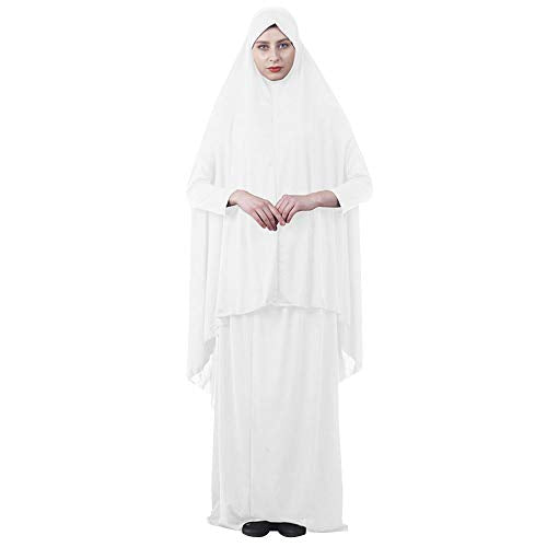 EDITHA Women's Muslim Prayer Dress Hijab Scarf Islamic Abaya Dress Two-Piece Full Length Dress M White