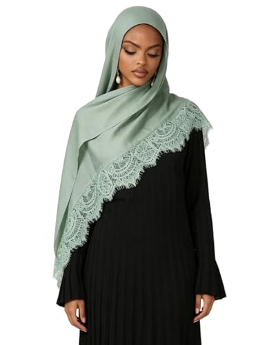JUMISEE Elegant Floral Lace Hijab Scarf for Women Soft Cotton Head Wrap Instant Hijab Long Scarves Evening Dress Shawl - color: Light Green