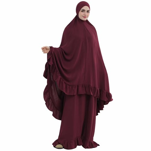 2PCS Women Muslim Prayer Abaya Dress Ruffle Trim Side Pockets with Khimar - color: Wine Red, size: Large