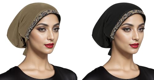 2PCS Hijab Undercap for Women, Rhinestone Turban, Muslim Hijab cap with Strap, Islamic Clothing Accessories for Ramadan Eid Prayer, Black and Khaki