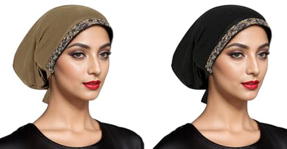 PURFUN 2 Pcs Muslim Inner Hijab Caps Women Girls Stretchy Breathable Full Cover Undercap Tube Bonnet Under Scarf Hats Beanie - color: Black+khaki/2pcs