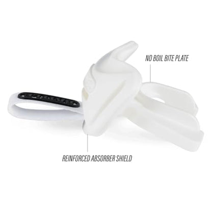 Battle Sports Speedtab F7 Football Mouthguard, White | No-boil design ready to use out of the package, Braces compatible, Pull tab finger strap for quick removal, Secure fit - color: White