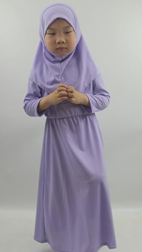 Girls Kids 2 Pcs Muslim Abaya Prayer Dress with Hijab Islamic Headscarf for Girl Robe Ramadan Eid Clothes - color: Lavender, size: Height 120CM-130CM