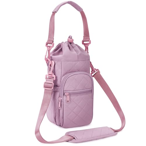 sportsnew 40oz Insulated Crossbody Water Bottle Bag Gym Hiking Phone Pocket | Water-resistant Lining, Padded Strap, Top Handle, Drawstring, Phone Pocket, Elastic Slots, Built-In Key Clip for Gym Walking - color: Quilt Pink