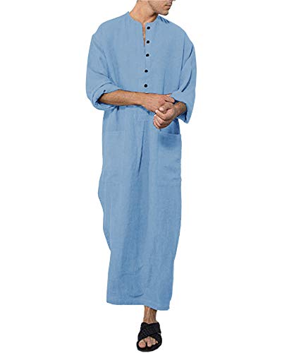 Jacansi Men's Button up Cotton Robe Long Sleeve Kaftan Thobe Long Gown Casual Shirt for Beach - color: 01-blue, size: X-Large