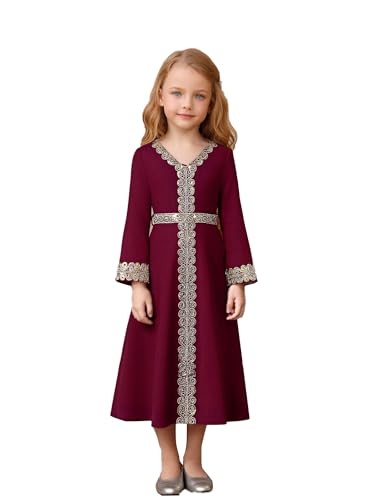 OBEEII Girls Muslim Abaya Ramadan Long Bell Sleeve V Neck Sequins Church Prayer Dress with Belt Islamic Eid Robe Kaftan - color: Wine Red-sequins, size: 4-5 Years