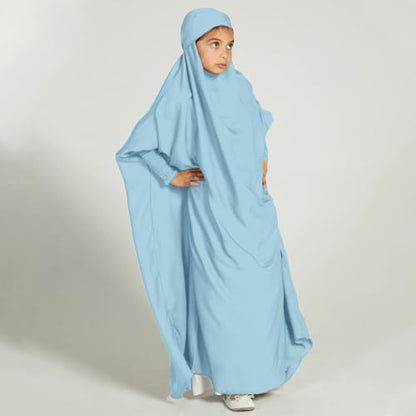 ODIZLI Muslim One Piece Prayer Hijab Dress Women Hooded Abaya Full Cover Islam Dubai Modest Robe - color: Light Blue Kids, size: 8-9 Years
