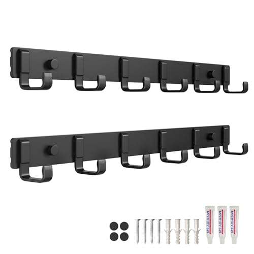 16-Inch Wall Mount Coat Rack with 6 Hooks, Compact Hooks for Hanging Coats, Hats, Jacket, Bags and Purses in Entryway, Bedroom, Bathroom or Closet, Install with Strong Glue or Screws (2-Pack) - color: Black - 2 Pack