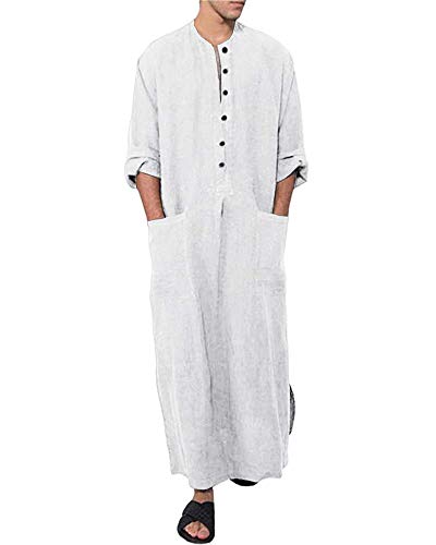 Jacansi Men's Button up Cotton Robe Long Sleeve Kaftan Thobe Long Gown Casual Shirt for Beach - color: 01-white, size: Large