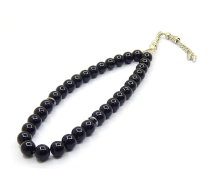 Perlin Muslim Prayer Beads 33 Bead Black Onyx Tasbih – Islamic Misbaha Subha Dhikr Beads with 10 mm Polished Onyx Gemstone Beads, Hematite Spacers and 925 Sterling Silver Imam, Ottoman Style Rosary