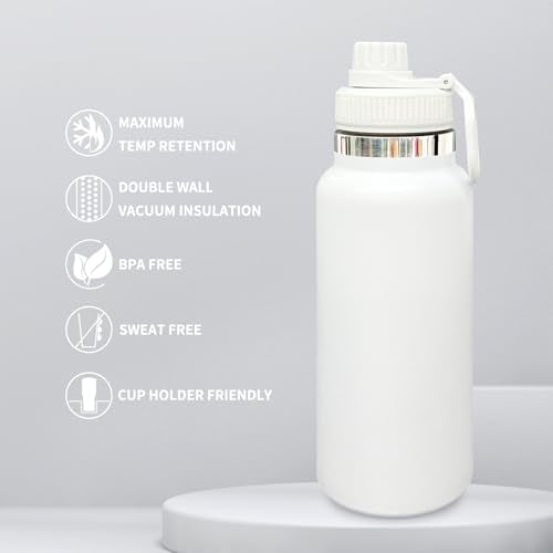32 oz Insulated Water Bottle with Spout Lid - Double Wall Vacuum Sports Water Bottle - Powder Coated Cup for Gym Camping Hiking(White,1 pack) - color: White