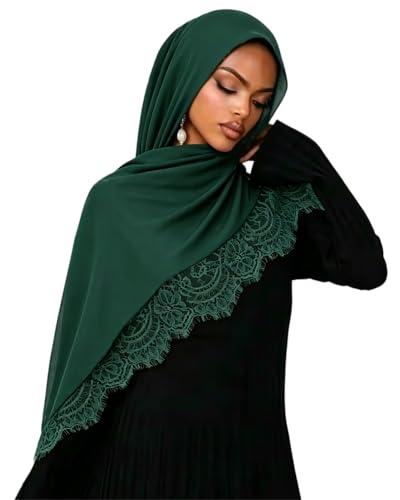 JUMISEE Elegant Floral Lace Hijab Scarf for Women Soft Cotton Head Wrap Instant Hijab Long Scarves Evening Dress Shawl - color: Green