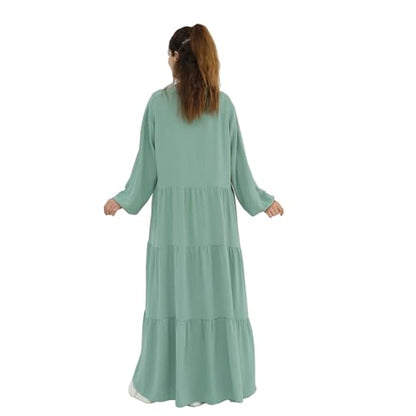 Prlemend Two-Pieces Abaya for Women Muslim Robe with Belt Prayer Dress Set | 2PCs, with Belt, Cake Skirt - color: Pea Green, size: Medium