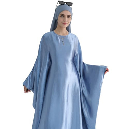 Abaya Muslim Dress Women Satin Prayer Dress Batwing Long Sleeve Middle East Arabian Robe with Hijab - color: Light Blue, size: Size 1