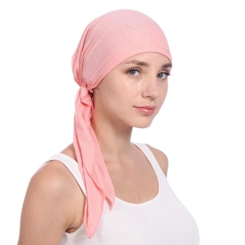 Instant Hijab Solid Beaded Long Tail Turban Wrap Cap Soft Stretchy Breathable Muslim Hair Baseball Hat - color: 06#_pink