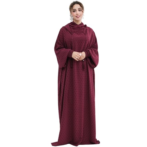 Upgraded Abaya Dress for Women 1PC Hoodie Polka Dot Modest Prayer Robe - color: Wine Red, size: Size 2
