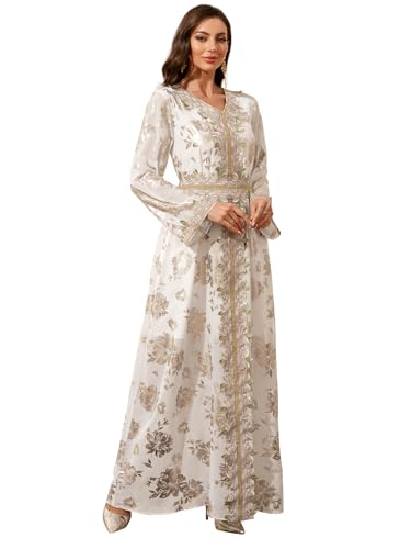 Abaya for Women Floral Embroidered Muslim Dress V-Neck Arabian Maxi Robe - color: White, size: Small