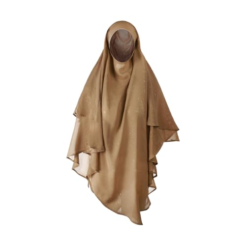 SIQITECHNO Womens Muslim Long Khimar Hijab Scarf Chiffon Sparkling Islamic Arabian Khimar Niqab Ramadan Eid Prayer Scarf Wrap - color: Khaki